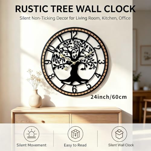 Large Wall Clock for Living Room Decor 24 Inch Tree of Life Metal Wall Art, Non-Ticking Battery Operated Metal Black with Solid Wood Frame for Office/Bedroom/Kitchen/Dining Room Decoration - size: B 24 Inch