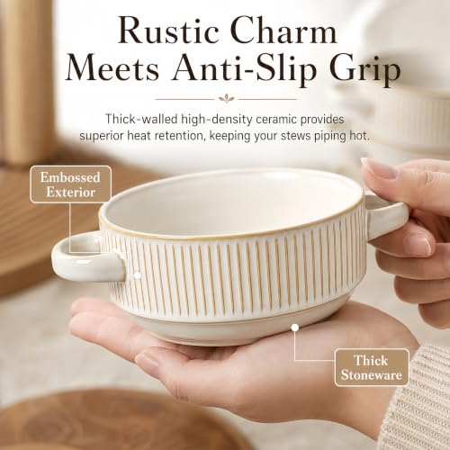 26 Oz Soup Bowls with Handles, French Onion Soup Crocks, Ceramic Soup Bowls Set of 4, Embossed Stackable Bowl for Chili, Beef Stew, Pasta, Casseroles Dish, 6 inch, Oven Dishwasher Safe