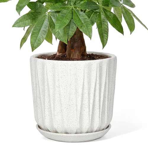 10 Inch Ceramic Planter Pot with Saucer Drainage Leak-Proof Mesh,Flower Pots for Indoor Plants with Gardening Gloves,Ceramic Planter(Waxen White) - color: Waxen White, size: 10 Inch