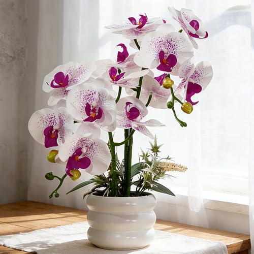 Artificial Orchids Flowers with Vase for Table Centerpieces, Real Touch Faux White Orchid Phalaenopsis in Ceramic Vase for Home Wedding Kitchen Decoration (White, Purple) - color: White Vase, White Purple