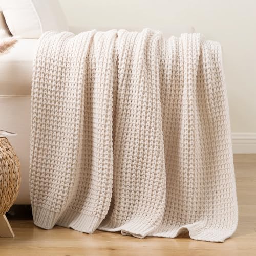 Cream White Throw Blanket for Couch Bed, Waffle Knit Throw Blanket 60"x80" | Ivory Chunky Chenille Throw Blanket, Modern Farmhouse Knitted Blankets, Warm Decorative White Blanket Throw for Home Decor - color: Cream, size: 60"x80"