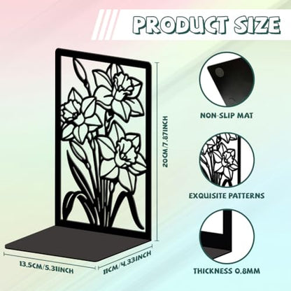 5.3"x4.3"x7.9" Metal Bookends, Heavy Duty Book Ends for Shelves | Daffodils Theme Cast Iron Book Supports, 1 Pair Decor Stoppers for Desk, Library, Office & Home Shelves - style: Daffodils