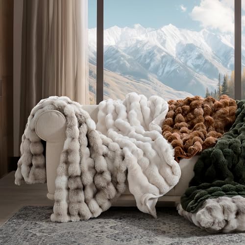 Faux Rabbit Fur Bubble Throw Blanket, 50"x60", Light Grey | Ultra Soft, Luxury Faux Rabbit Fur Throw, Thick Warm Bubble Blanket, Cozy Fluffy Reversible, for Bed, Couch, Chair, Sofa - color: Marble Grey, size: 50"x60"
