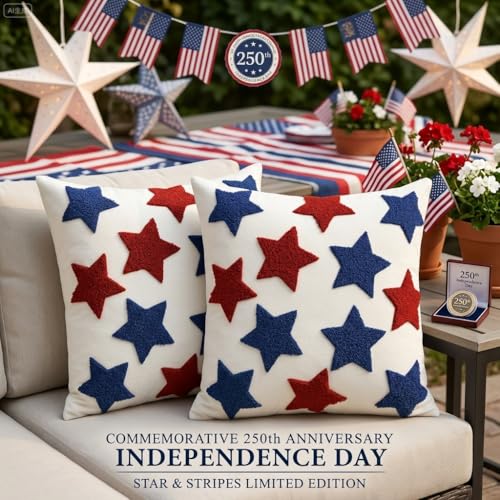 4th of July Patriotic Pillow Covers with Red Blue Stars Embroidered | Pillow Covers 18x18 Independence Day Decor | Tufted Patterned Linen Cushion Case for Couch Sofa