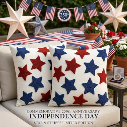 4th of July Patriotic Pillow Covers with Red Blue Stars Embroidered | Pillow Covers 18x18 Independence Day Decor | Tufted Patterned Linen Cushion Case for Couch Sofa