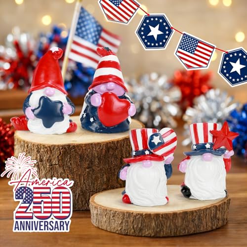 4th of July Decorations Patriotic Gnome Figurines, 4 Pcs Small Resin Gnome Statues, Red White and Blue Memorial Day Decor for Home Outdoor Garden Tiered Tray Shelf Mantel Tabletop Centerpieces
