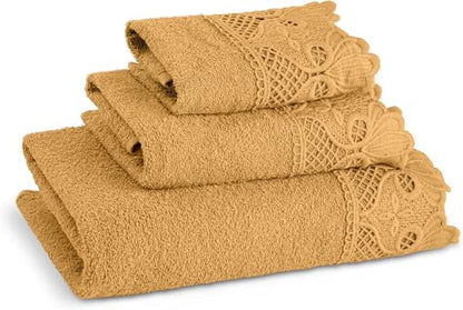 Zahari Home 3 Piece Laced Towel Set - Stylish Soft Plush Cotton Towels with Hand Towel & Washcloth - Highly Absorbent Towels for Bathroom, Gym, Hotel & Spa (Macramee Gold) - color: Macramee-gold