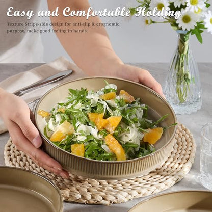 E-far Pasta Bowls Set of 4, 35oz Large Salad Bowl Plate for Dinner Serving, Wide & Shallow Ceramic Stoneware Pasta Plate, Microwave & Dishwasher Safe, Reactive Glaze Textured Stripe, Caramel Khaki - color: Caramel Khaki