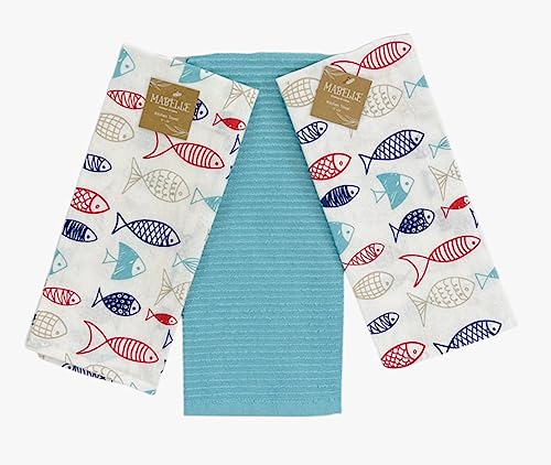 Summer Nautical Kitchen Pot Holder Oven Mitt Dish Towel Set: Coastal Ocean Sealife Navy White Red Fish Design, 5 pc Set (Fish) - color: Fish Set