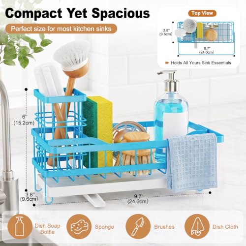 Sponge Holder for Kitchen Sink, Self-draining Sink Caddy with Towel Rack and Brush Holder, Metal Kitchen Countertop Organizers and Storage Essentials, Blue - color: Blue