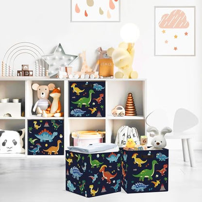 Clastyle 11.8" Dinosaur Storage Basket Set of 3 for Kid Boy Toy Clothes Bin | Collapsible Fabric Book Bin, Metal Frame Bottom Board, Cube Organizer, Closet Nursery Pantry Shelf Bedroom, Black Dino - color: Black