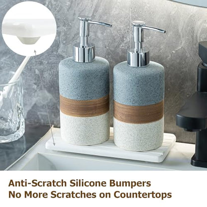 Ceramic Soap Dispenser Set of 2, Hand and Dish Soap Dispenser Set | Shower Shampoo Soap Dispenser for Bathroom, Kitchen | Stainless Steel Pump, Silicone Funnel and Diatomaceous Tray, 12 oz Gray - color: Gray and White, size: 2xSoap Dispenser Set with Tray