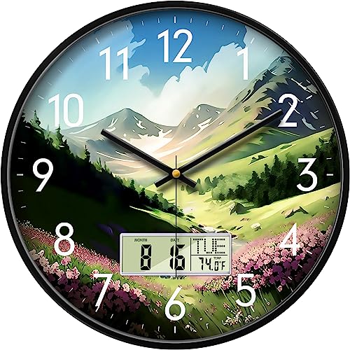 12'' Green Mountain Wall Clock, Analog Clock with Digital Display | Silent Non-Ticking, Battery Operated, Shows Date Day & Temperature, Decorative for Living Room, Bedroom, Kitchen, Office - color: Pink, size: 12inch
