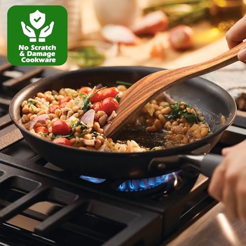 Natural Teak Kitchen Cooking Utensil Set with Holder, Wooden Spoons for Cooking, 10PCS Cooking Spatulas Set with Spoon Rest, Wooden Utensil Set for Nonstick Cookware Sturdy & Lightweight