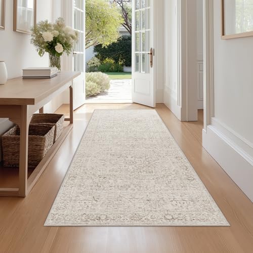 FMFUNCTEX 2x5 Hallway Runner Rug Washable Beige Neutral Oriental Distressed | Cream Vintage Pattern Soft Non Slip Low Pile Thin Indoor Throw Carpet Entryway Entry Kitchen Bedroom Bathroom Laundry Bedside - color: Beige, size: 2' x 5' (Rectangular)