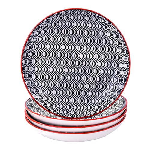 4-Piece Ceramic Salad Plate Set, 8-Inch Round Dessert Plates with Black & White Wave Motif, Modern Serving Dish with Vibrant Red Rim, Microwave & Dishwasher Safe, Stackable Plates for Sushi & Snacks - color: BL