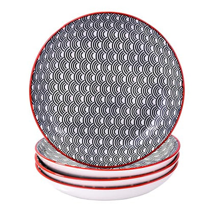 4-Piece Ceramic Salad Plate Set, 8-Inch Round Dessert Plates with Black & White Wave Motif, Modern Serving Dish with Vibrant Red Rim, Microwave & Dishwasher Safe, Stackable Plates for Sushi & Snacks - color: BL