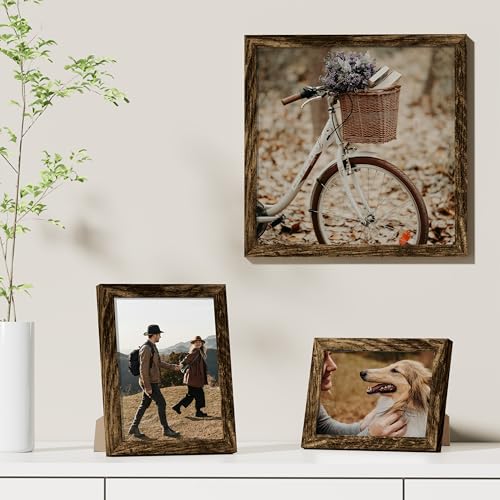Vittanly 12x12 Picture Frames Set of 9, Shatter Resistant Plexiglass, Display 8x8 Pictures with Mat or 12x12 without Mat, Photo Frames for Wall Mount, Engineered Wood, Brown | Display Pictures 8x8 with Mat or 12x12 without Mat for Wall Mounting, Square Ph