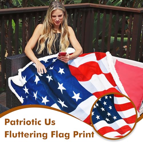 Tirrinia US Flag Patriotic Sherpa Throw American Flag Blanket, Cozy Sherpa Fleece Plush Bed Throw TV Blankets Reversible for Bed or Couch 4th of July Citizenship Election Veteran Gift - color: Fluttering Us Flag