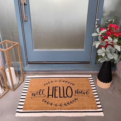 Funny Coir Doormat Well Hello There for The Entrance Way Personalized Rugs with Heavy-Duty PVC Backing Non Slip Outdoor 23.6 x 15.7 inch - color: Well Hello There