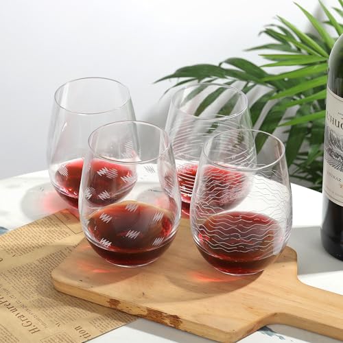 Joeyan Etched Stemless Wine Glasses,Hand Blown Drinking Glass Cups Wine Tumbler with Line Patterns,Carved Large Cocktail Whiskey Glasses,Gift for Party Wedding,4 Pack,17.5 oz,Dishwasher Safe - color: Geometry Theme