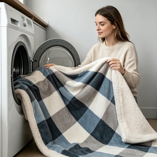 PU MEI Sherpa Fleece Throw Blanket 60" x 80" Reversible Plush Fluffy Large Big Blanket Lattice Flannel Blankets for Sofa Couch Bed (Grey-Soft Blue, 60"*80") - color: Grey-blue, size: 60"*80"