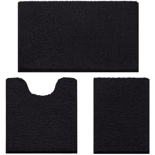 HOMEIDEAS 3 Pieces Bathroom Rugs, Ultra Soft Non Slip Absorbent Chenille Toilet Bath Mat Set (Black) - color: Black-black, size: 17"x24"+20"x32"+U Shape 20"x24"