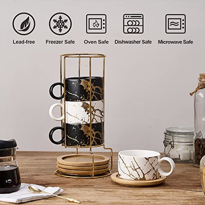 LUKA Porcelain Espresso Cup with Metal Stand, 6 Ounce Stackable Ceramic Demitasse Espresso Mugs Cappuccino Cups Set for Latte,Coffee,Cafe Mocha,Tea(Set of 4) - color: Black & White Marbling