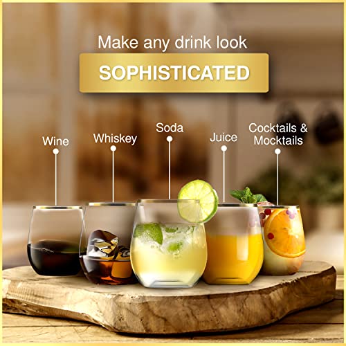 32 Pack Stemless Plastic Wine Glasses Disposable 12 Oz Gold Rim - Shatterproof Recyclable and BPA-Free, Stylish Drinkware for all Beverages, Cocktail Parties, Wedding Reception - color: Clear / with Gold Rim