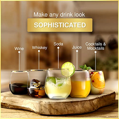 32 Pack Stemless Plastic Wine Glasses Disposable 12 Oz Gold Rim - Shatterproof Recyclable and BPA-Free, Stylish Drinkware for all Beverages, Cocktail Parties, Wedding Reception - color: Clear / with Gold Rim