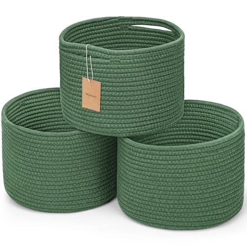 3 Pack Small Rope Storage Baskets, 9.82×9.82×7.1", Green | Cotton Basket for Gifts Empty, Cute Round Woven Basket, Decorative Shelf Basket Organizer, Organizing Basket for Shelves - color: Green-3PCS