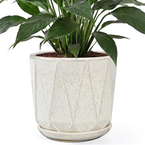 10 Inch Ceramic Plant Pot with Drainage Hole Mesh Net, Large Flower Pots for Indoor Plants with Saucer, Gardening Pots Outdoor (Silk White) - color: Silk White, size: 10 Inch