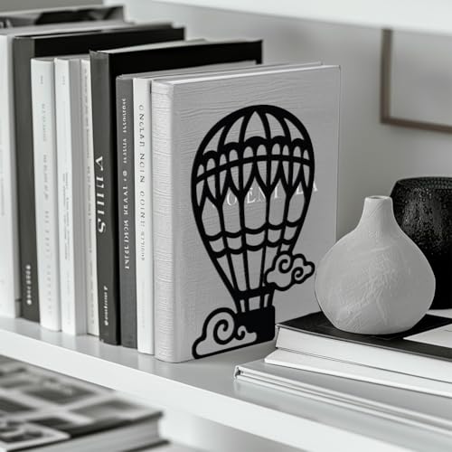 5.3"x4.3"x7.9" Metal Bookends, Heavy Duty Book Ends for Shelves | Hot Air Balloons Theme Cast Iron Book Supports, 1 Pair Decor Stoppers for Desk, Library, Office & Home Shelves - style: Hot Air Balloons