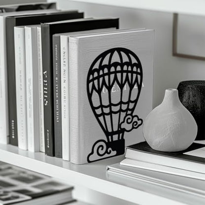 5.3"x4.3"x7.9" Metal Bookends, Heavy Duty Book Ends for Shelves | Hot Air Balloons Theme Cast Iron Book Supports, 1 Pair Decor Stoppers for Desk, Library, Office & Home Shelves - style: Hot Air Balloons