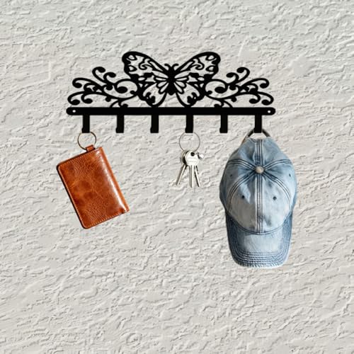Butterfly 6‑Hook Black Metal Wall Rack, Entryway Organizer for Keys Coats Hats Towels Decor