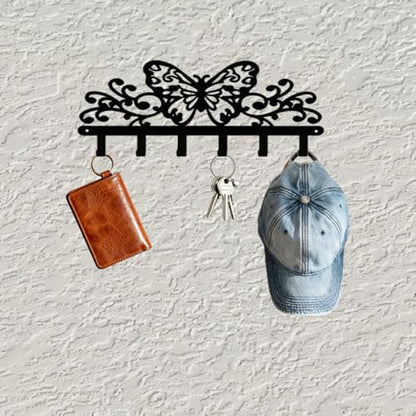 Butterfly 6‑Hook Black Metal Wall Rack, Entryway Organizer for Keys Coats Hats Towels Decor