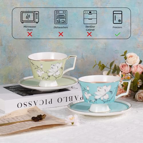 KAMMAK Ceramic Coffee Cups Saucers Set of 2, Porcelain Espresso Cups with Saucers, 8.12 oz Handcrafted Elegant Bone China Tea Cups, Blue & Sage Green Flower Teacup for Party, Office, Women Gift - color: Spring Magnolia (Green + Blue)