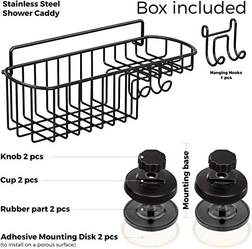 HASKO Shower Caddy Suction Cup, Shower Shelf with Soap Dish and Hooks Organizer, Suction Bathroom Shelf for Storage, Wall Mounted Basket, Black - color: Black (1 Pack)