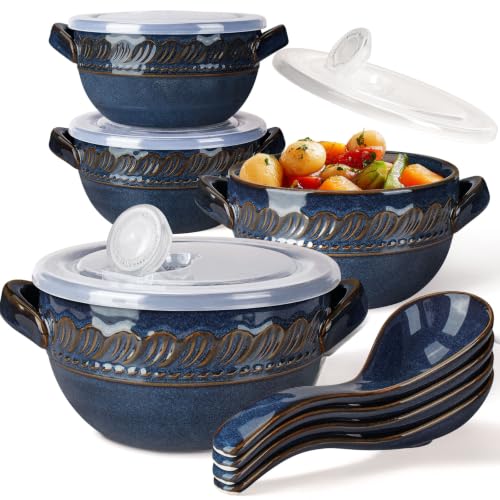 French Onion Soup Bowls with Handles and lids & Spoons, 20 Oz Ceramic Soup Crocks Oven Safe Serving Bowls for Chili, Beef Stew, Cereal, Pot Pies, Embossment, Set of 4, Blue (Willow Leaf) - color: Blue (Willow Leaf)