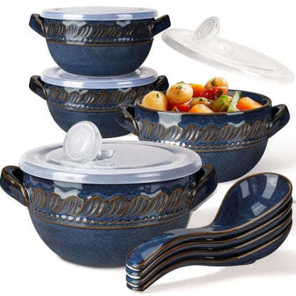 French Onion Soup Bowls with Handles and lids & Spoons, 20 Oz Ceramic Soup Crocks Oven Safe Serving Bowls for Chili, Beef Stew, Cereal, Pot Pies, Embossment, Set of 4, Blue (Willow Leaf) - color: Blue (Willow Leaf)