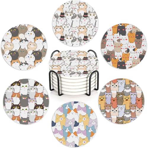 Drink Coasters Set of 6 with Holder, Cute Cats Absorbent Ceramic Coasters with Cork Base,Fit All Cups,Great Gift for Housewarming,Room Decor,Bar,Holiday Party - color: Cute Cats