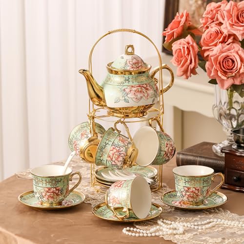 20 Pieces Porcelain Tea Set With Metal Holder, European Ceramic tea set for adults,Flower Tea Set,Tea Set For Women With Flower Painting（Light Green） - color: Light Green