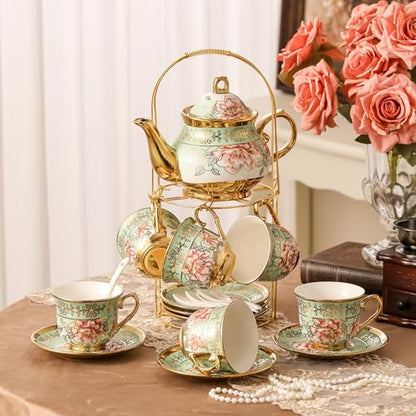 20 Pieces Porcelain Tea Set With Metal Holder, European Ceramic tea set for adults,Flower Tea Set,Tea Set For Women With Flower Painting（Light Green） - color: Light Green