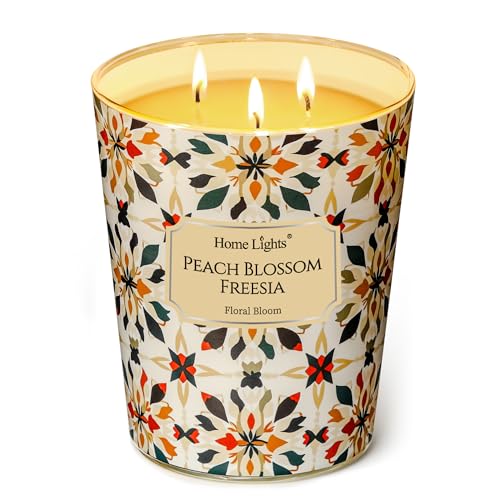 HomeLights 3-Wick Candles for Home Scented - 34oz Soy Wax Blend Candle Long-Lasting Fragrance, Bohemian Natural Textures Home Decor and Housewarming Gifts, Peach Blossom Freesia - color: Peach Blossom Freesia, size: 34oz 3-wick