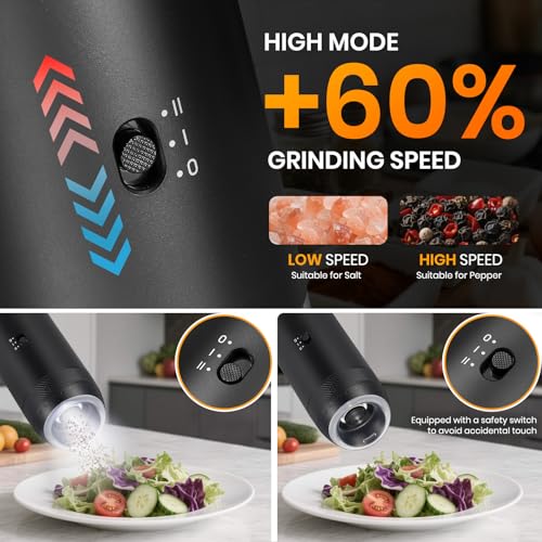 Rechargeable Gravity Electric Salt Grinder Set,Black | w/ Variable Grinding Speed, External Adjustable Coarseness, External Adjustable Coarseness, Charging Base and White LED Light - color: Black with Charging Base