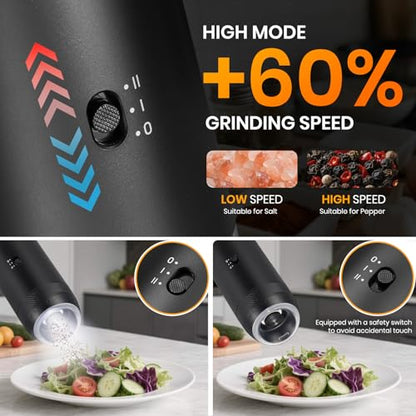 Rechargeable Gravity Electric Salt Grinder Set,Black | w/ Variable Grinding Speed, External Adjustable Coarseness, External Adjustable Coarseness, Charging Base and White LED Light - color: Black with Charging Base
