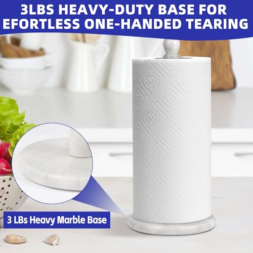 Natural Marble Paper Towel Holder for Kitchen Countertop - 2.6 lbs (1.2kg) Heavy Duty Weighted Base for One-Handed Tearing - Fits Jumbo Rolls - Elegant Modern Design with Ball Top - White & Grey - color: White & Grey