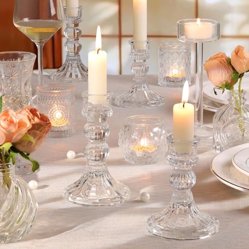 6Pcs Clear Candlestick Holders Set - 4" H & 5" H Striped Taper Candle Holders Bulk, Glass Candle Holders for Wedding, Festival, Party, Table Centerpiece, Gifts - color: Clear, size: Striped Pattern