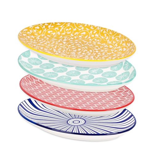 Selamica 12 Inch Ceramic Oval Serving Platters Set of 4, Assorted Colors | Serving Dishes for Party Entertaining, Serving Plates for Sandwich, Microwave Dishwasher Safe - color: Assorted Colors, size: 12 Inch