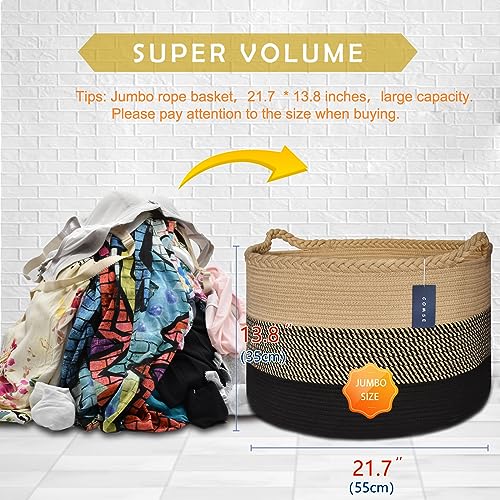 COMSE XXXLarge Woven Blanket & Laundry Basket, 87L, Brown & Black | 21.7" x 13.8", Cotton Rope, Nursery Hamper for Storage of Toys Clothes Towels, Ideal for Living Room Bedroom Bathroom - color: Brown & Black